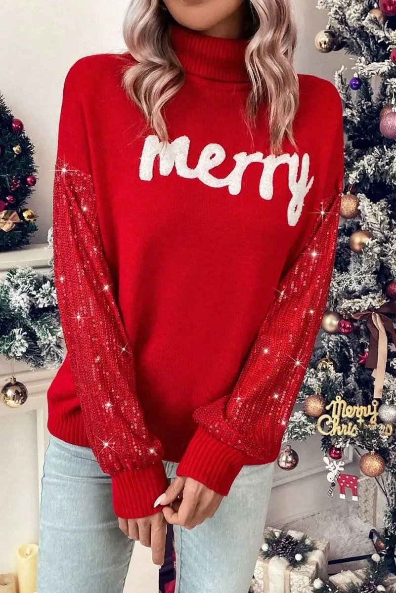 Women's Sweater - Red Sequin Sleeve - Christmas Party Southern Belle