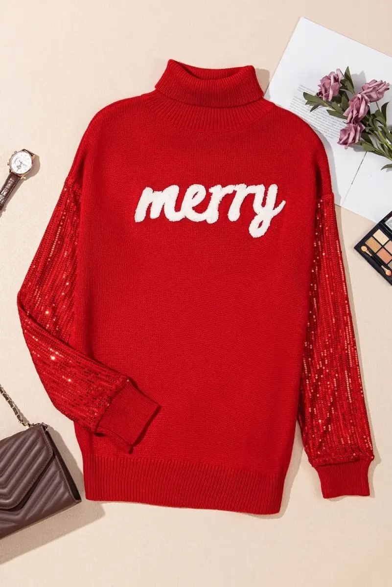 Women's Sweater - Red Sequin Sleeve - Christmas Party Southern Belle