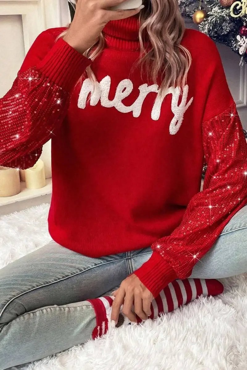 Women's Sweater - Red Sequin Sleeve - Christmas Party Southern Belle