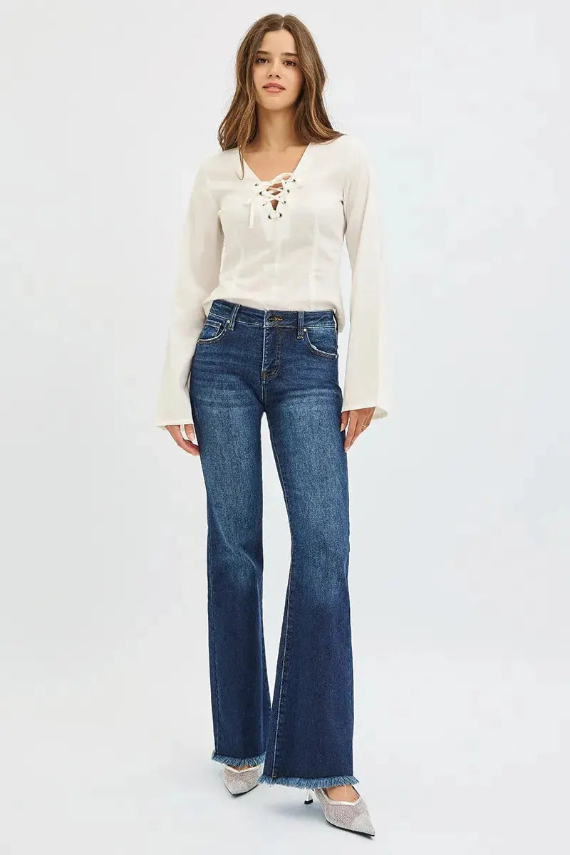 RISEN Jeans - Plus Size Tummy Control Mid Rise Flare Jeans with Raw Hem