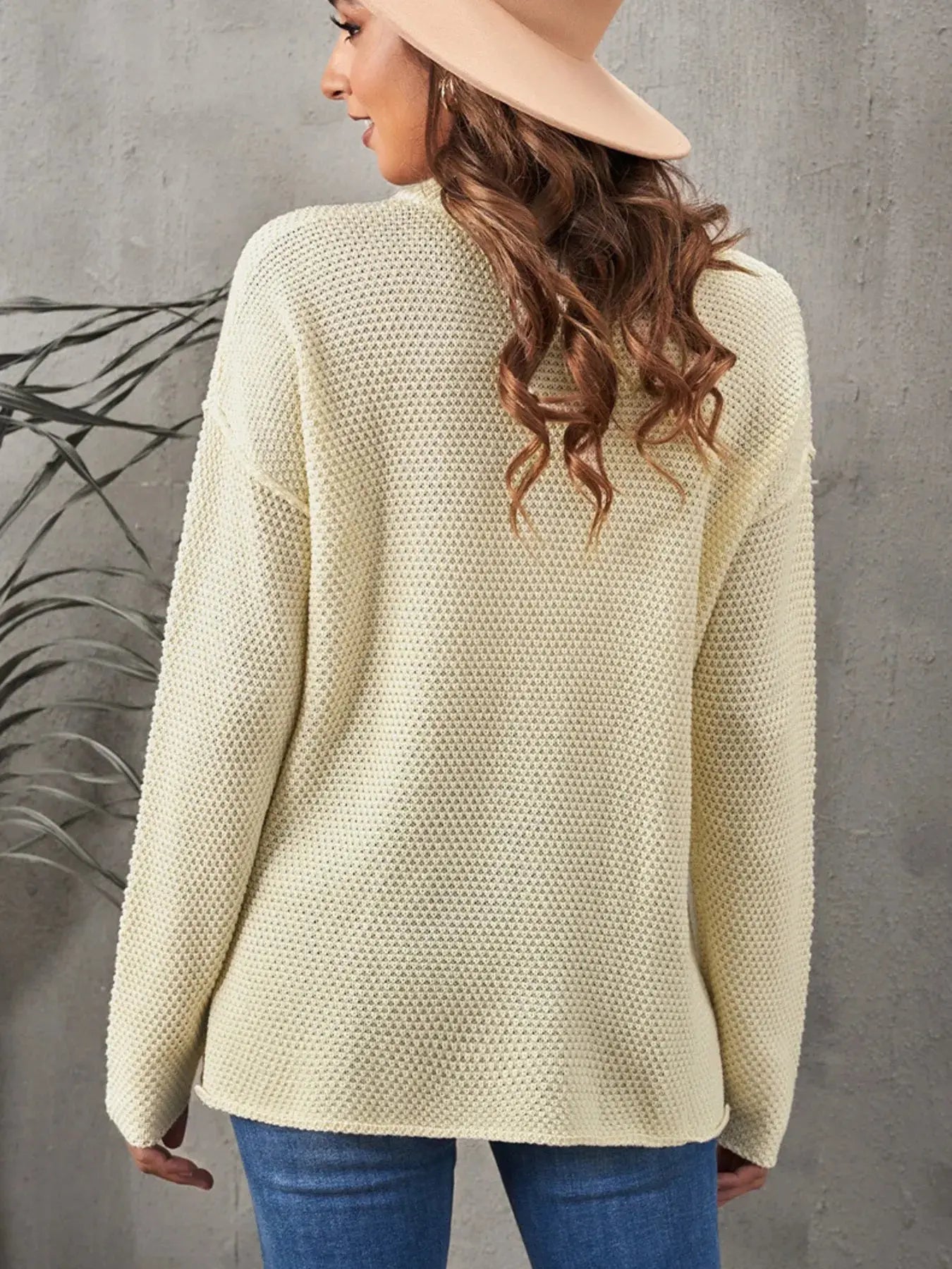 Waffle-Knit Button Detail Long Sleeve Knit Top