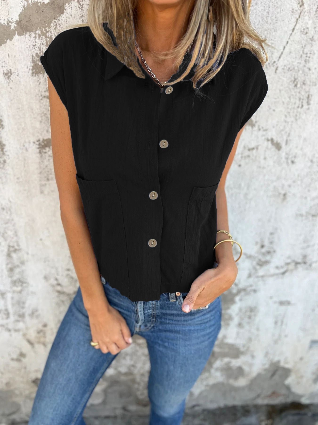 Women's Button Down Cap Sleeve Blouse