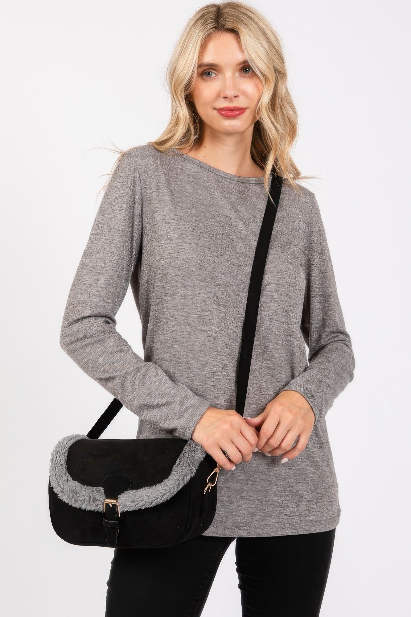 Fleece Trimmed Solid Crossbodybag Adjustable Strap