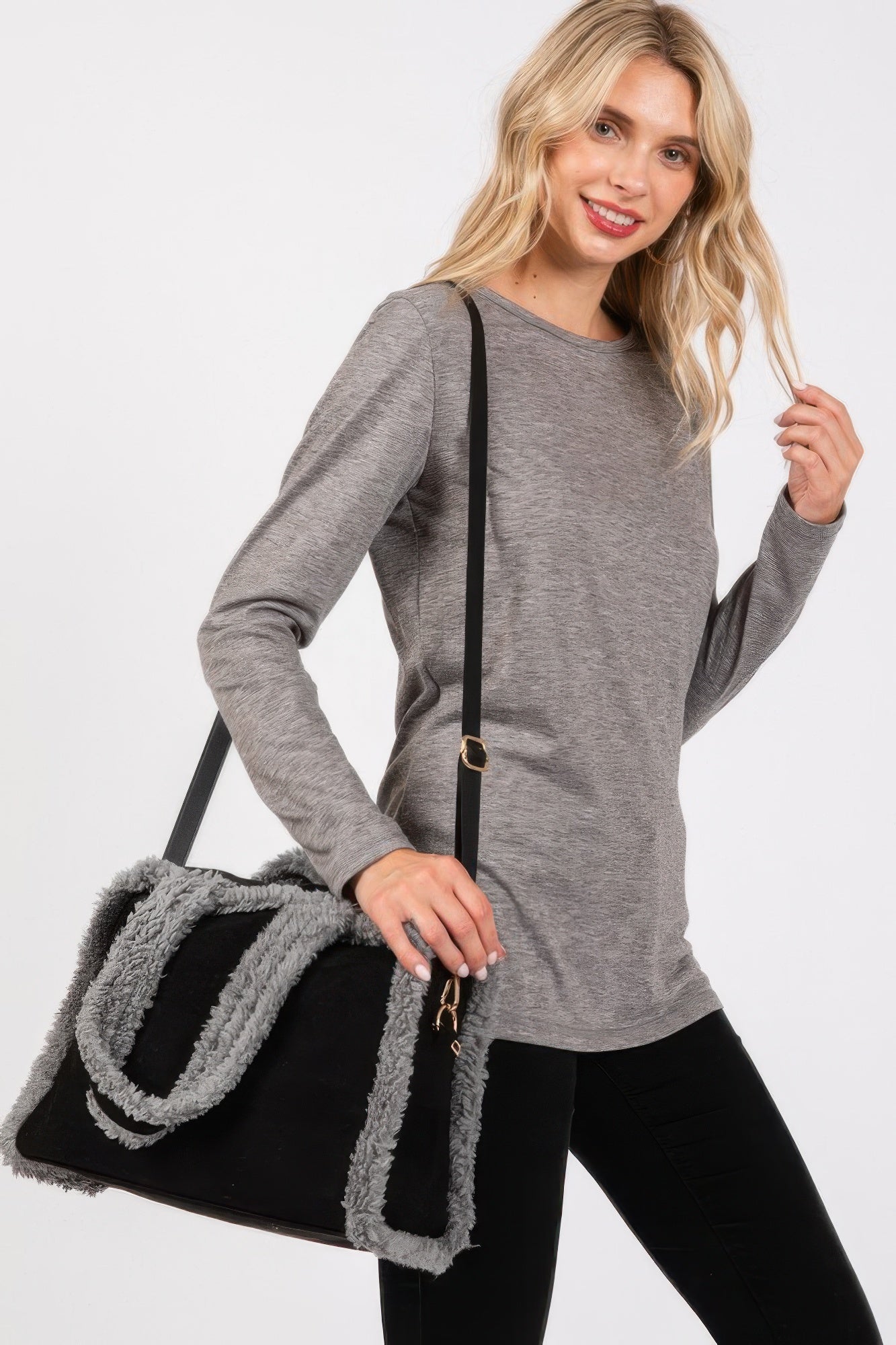 Fleece Trimmed Solid Tote And Crossbody Bag