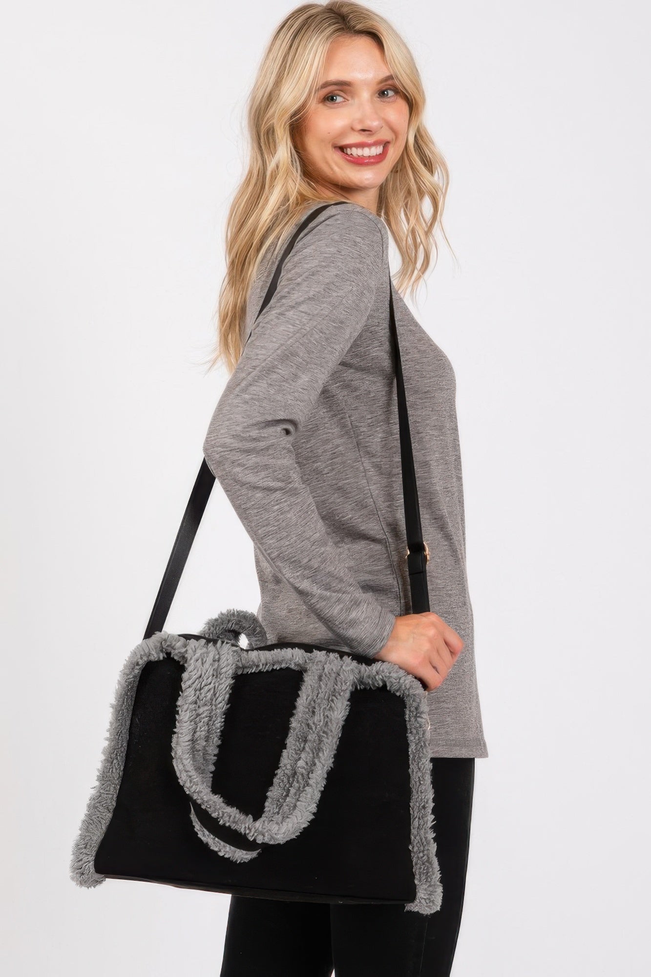 Fleece Trimmed Solid Tote And Crossbody Bag