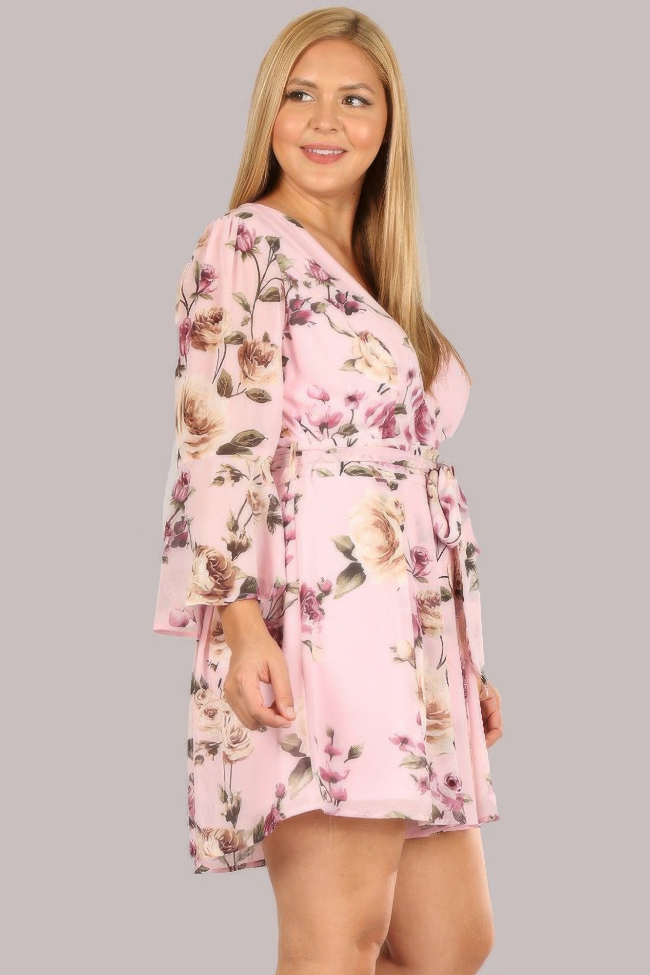 Floral Chiffon 3 4 Sleeve Tie Waist Romper