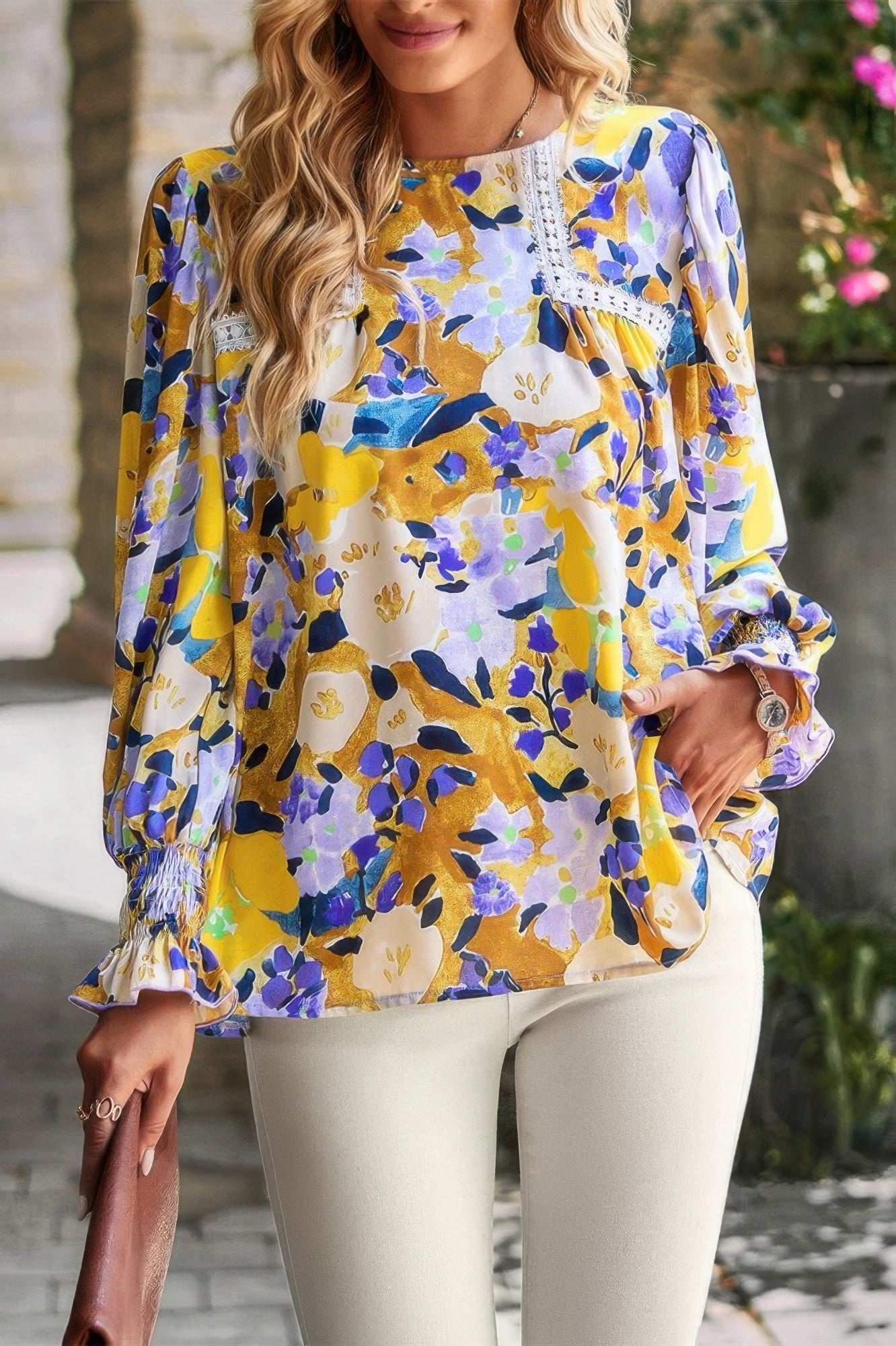 Floral Contrast Lace Trim Split Top