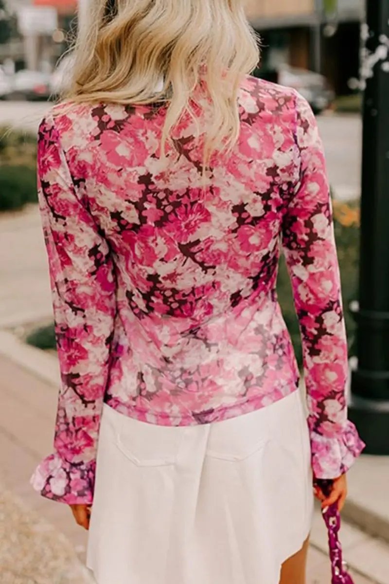 Accessories Trendsi Floral Print Top Women's Chic Turtleneck Ruffle Sleeve Versatile Top