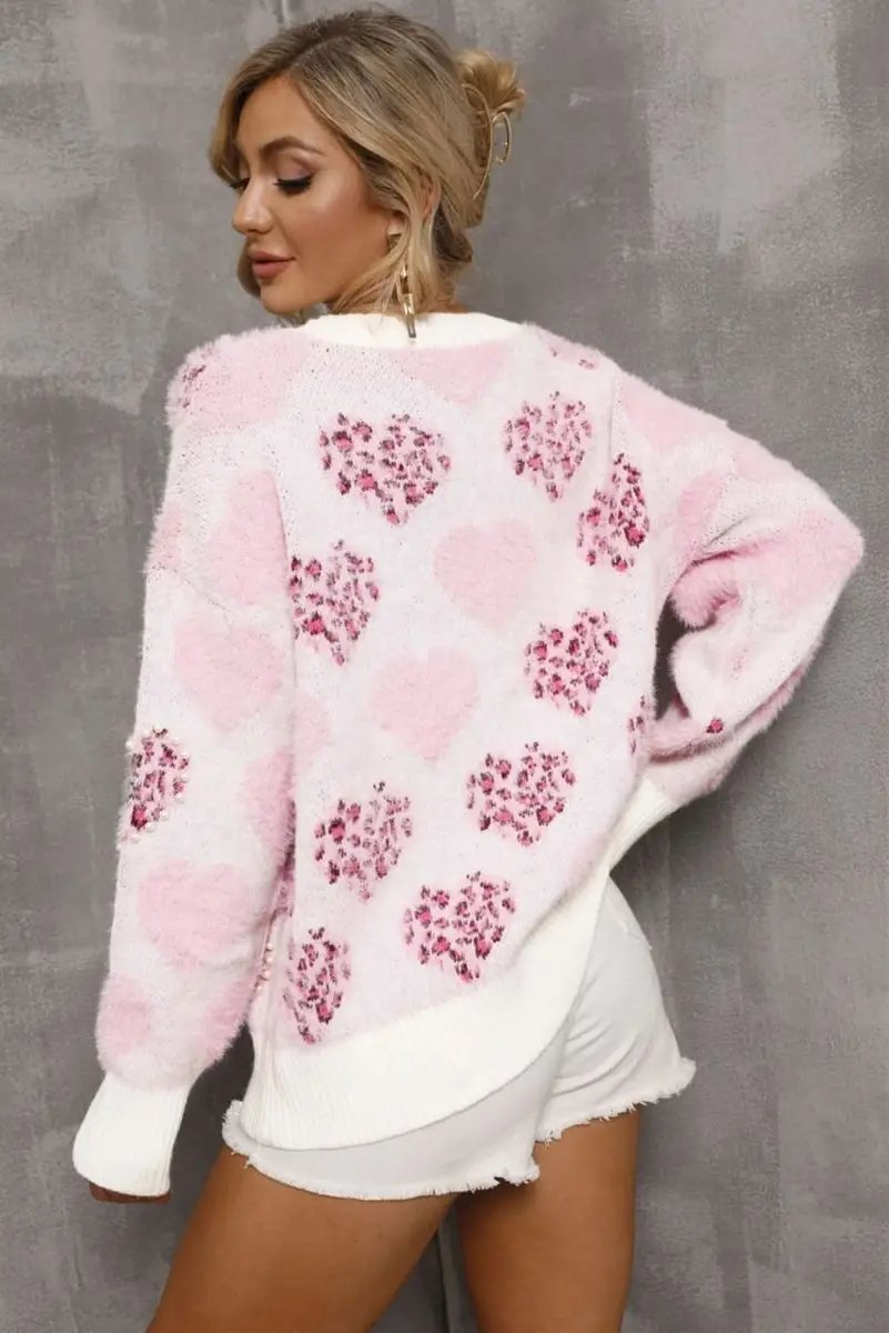Women's Sweater Women's Fuzzy Pink Leopard Sweater - Pearled Valentine Top