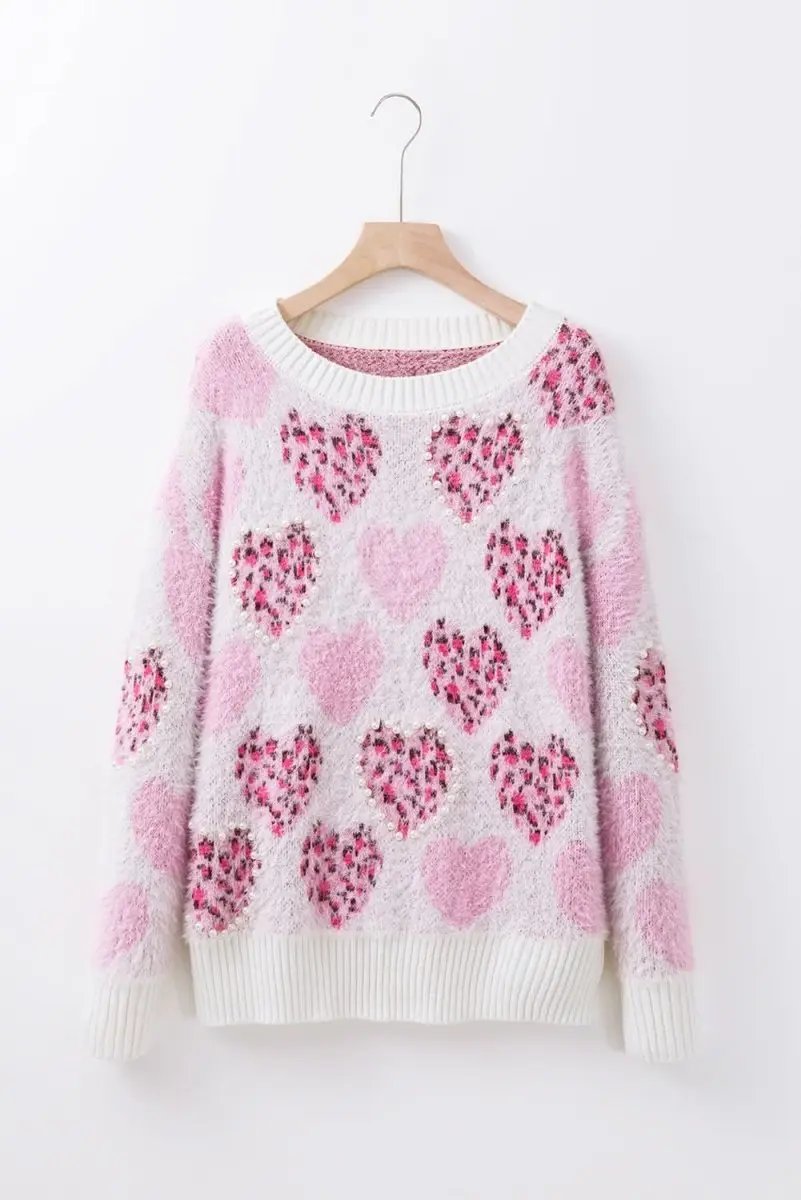 Women's Sweater Women's Fuzzy Pink Leopard Sweater - Pearled Valentine Top