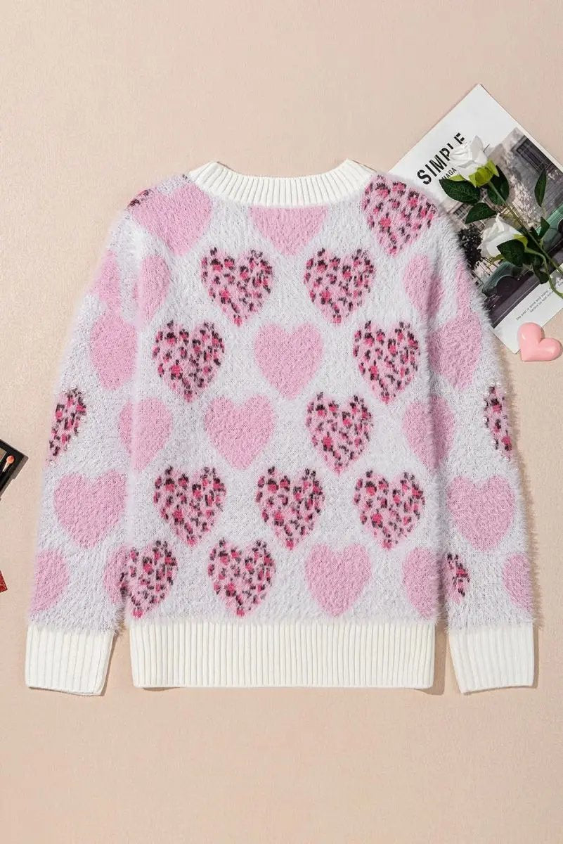 Women's Sweater Women's Fuzzy Pink Leopard Sweater - Pearled Valentine Top
