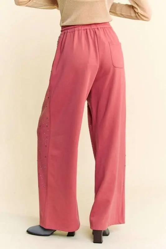 Trendsi Rhinestone Wide Leg Pants Women's Party/Club Trousers Adjustable Drawstring