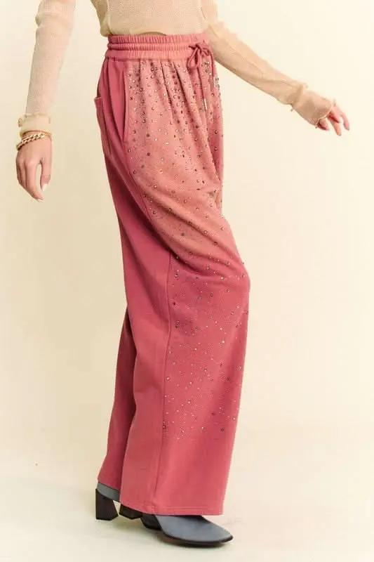 Trendsi Rhinestone Wide Leg Pants Women's Party/Club Trousers Adjustable Drawstring