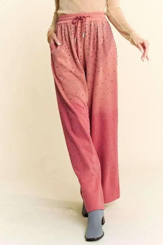 Trendsi Rhinestone Wide Leg Pants Women's Party/Club Trousers Adjustable Drawstring