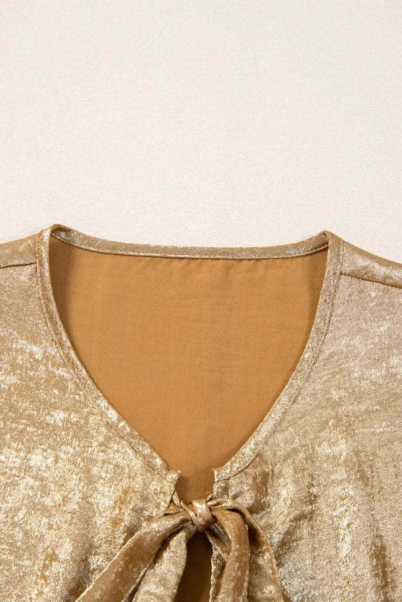 Pants Love Salve Gold Velvet Blouse Women's Daily Elegant Top: Bow Detail, Ruffle Hem