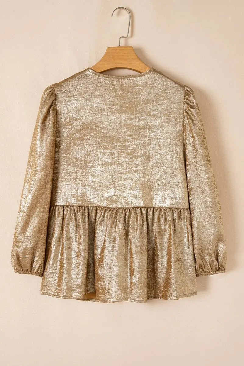 Pants Love Salve Gold Velvet Blouse Women's Daily Elegant Top: Bow Detail, Ruffle Hem