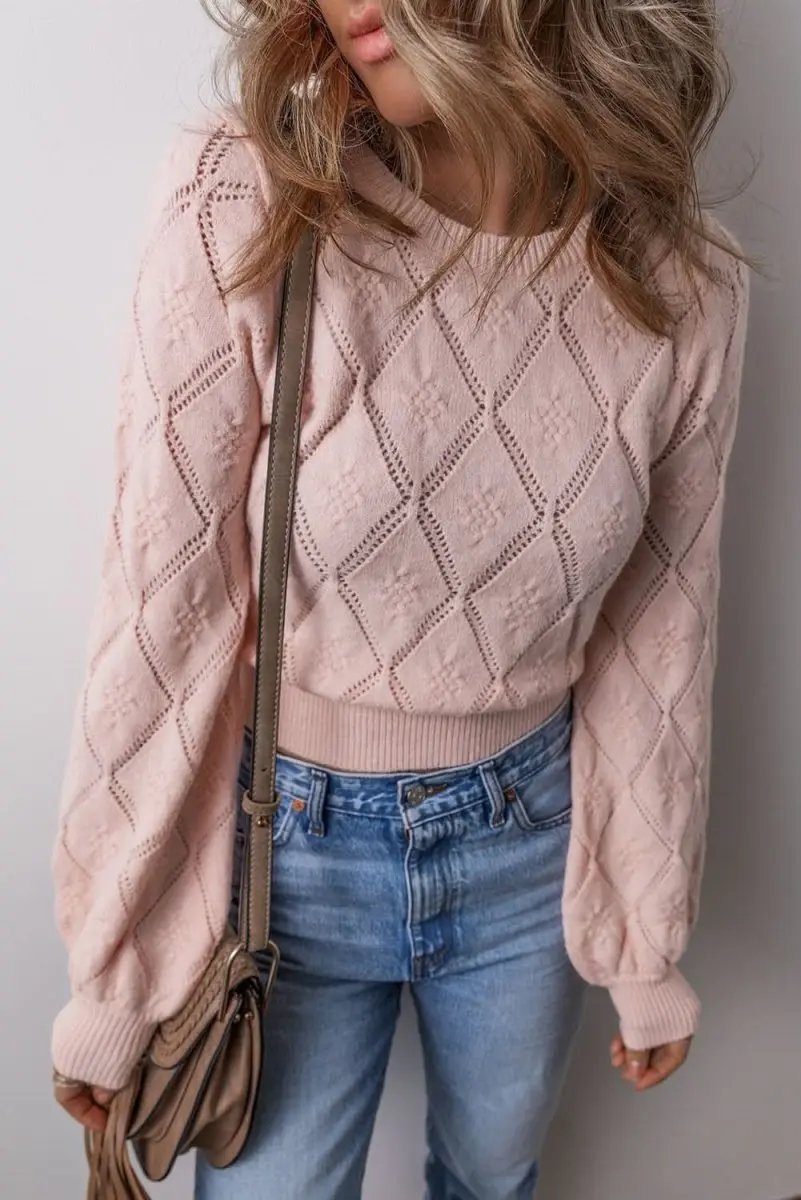 Sweaters Love Salve Pink Plaid Sweater Women's Casual Cropped Knit Top: Openwork Detail