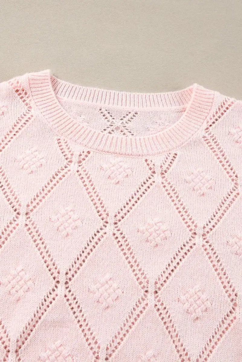 Sweaters Love Salve Pink Plaid Sweater Women's Casual Cropped Knit Top: Openwork Detail