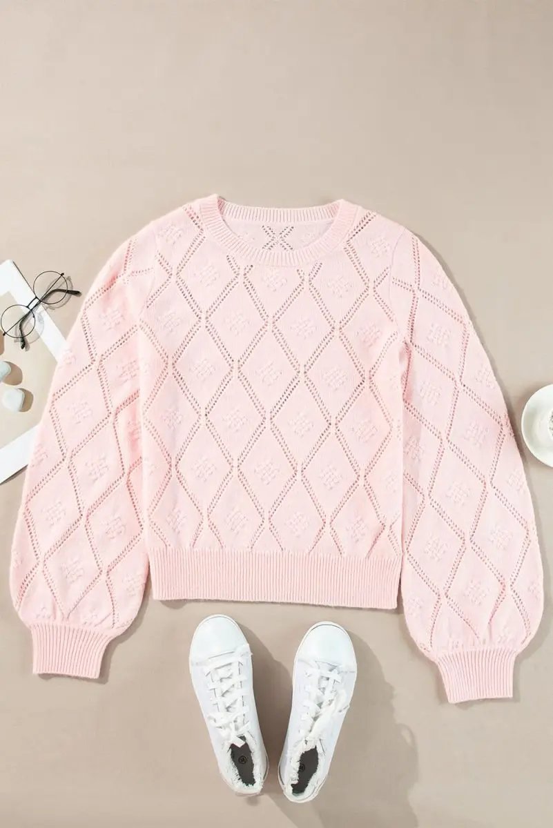 Sweaters Love Salve Pink Plaid Sweater Women's Casual Cropped Knit Top: Openwork Detail