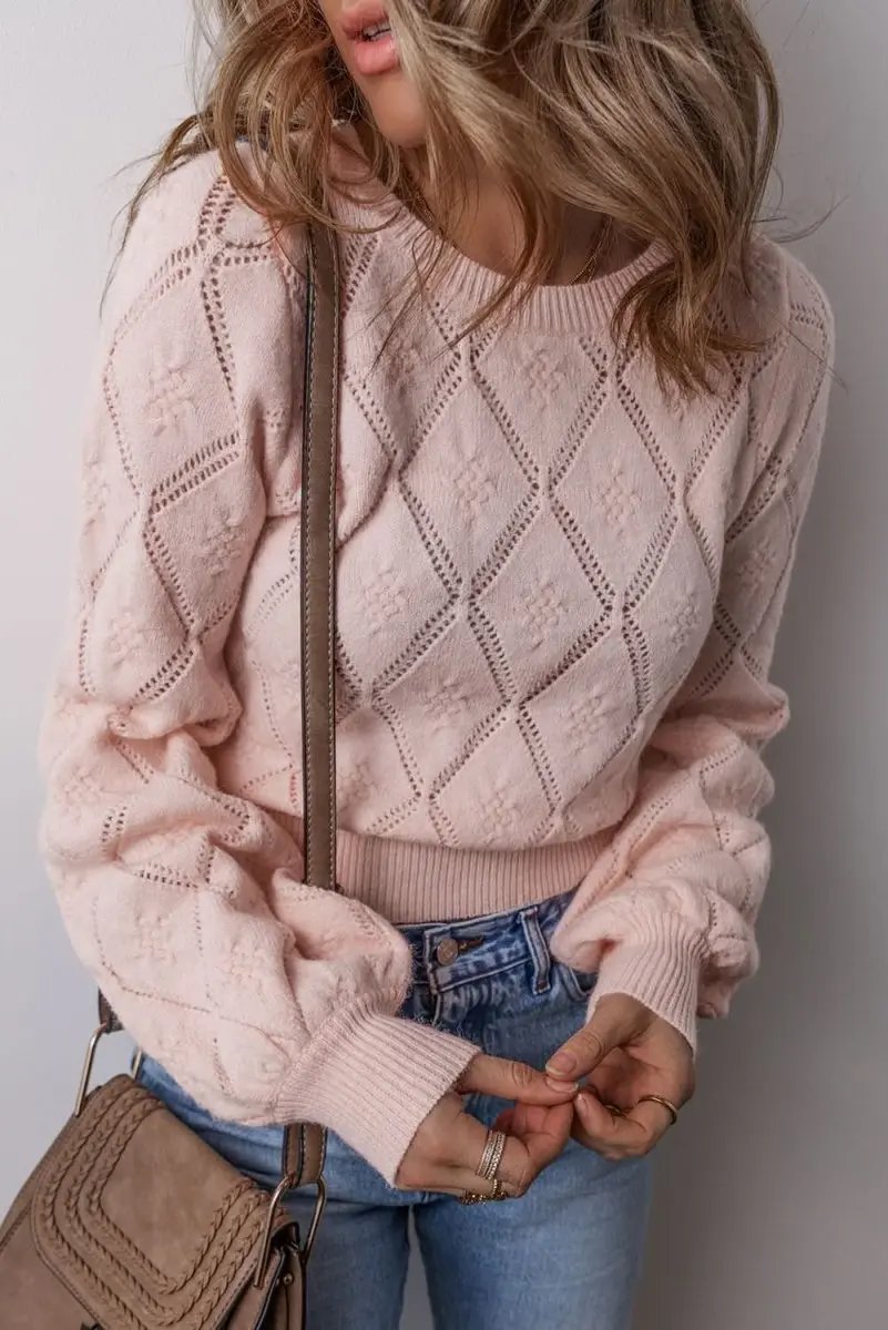 Sweaters Love Salve Pink Plaid Sweater Women's Casual Cropped Knit Top: Openwork Detail