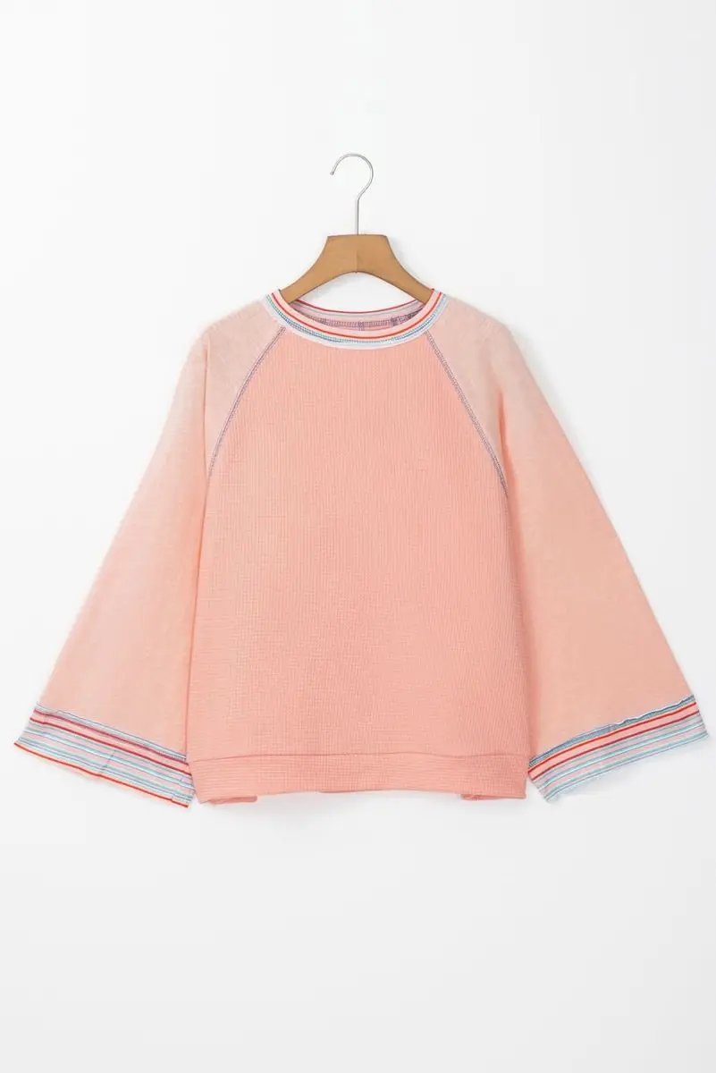 Pants Love Salve Pink Waffle Knit Top Women's Daily Casual Raglan Tee Comfy Fit