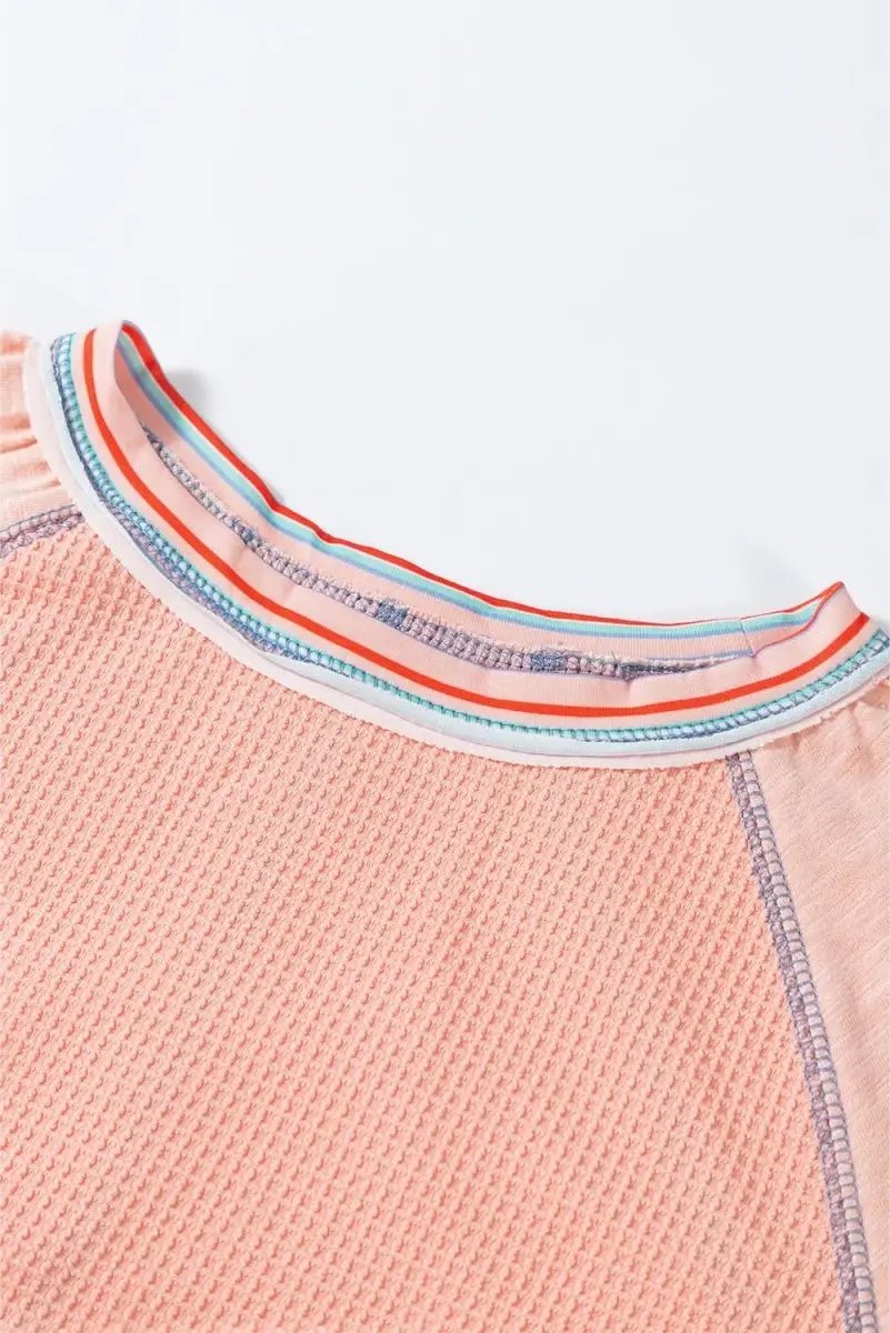 Pants Love Salve Pink Waffle Knit Top Women's Daily Casual Raglan Tee Comfy Fit