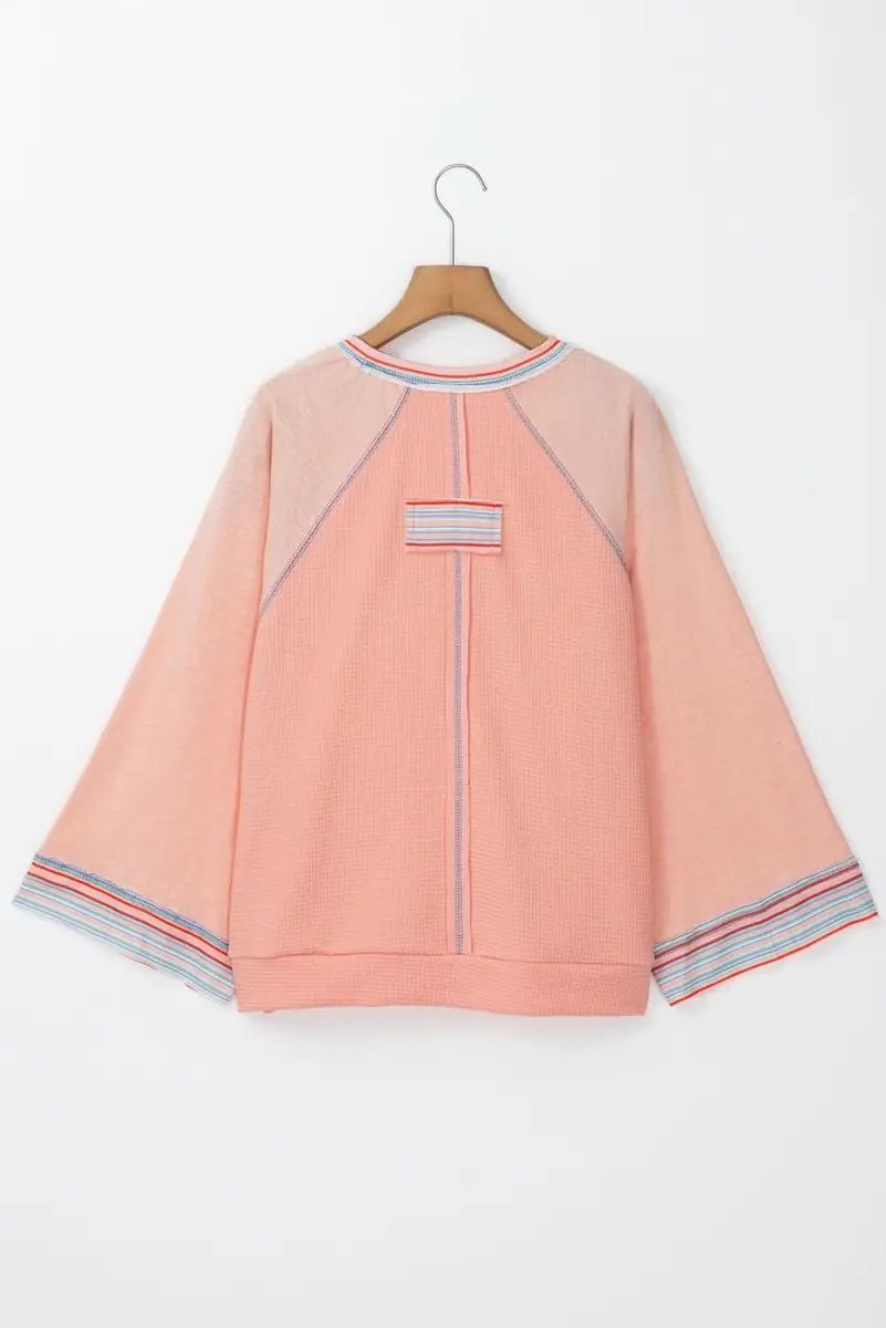 Pants Love Salve Pink Waffle Knit Top Women's Daily Casual Raglan Tee Comfy Fit