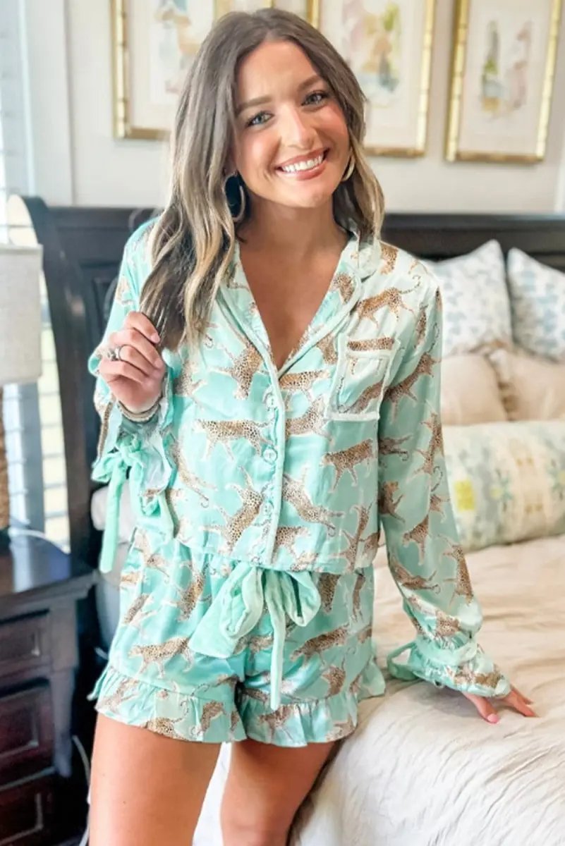 Pants Love Salve Green Leopard Satin Women's Pajama Set Loungewear: Ruffle Trim, Bow Detail