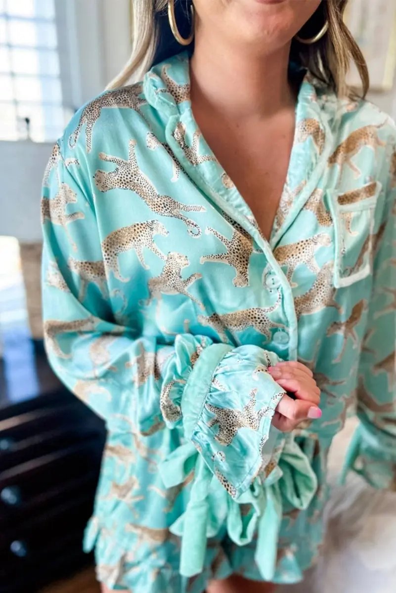 Pants Love Salve Green Leopard Satin Women's Pajama Set Loungewear: Ruffle Trim, Bow Detail