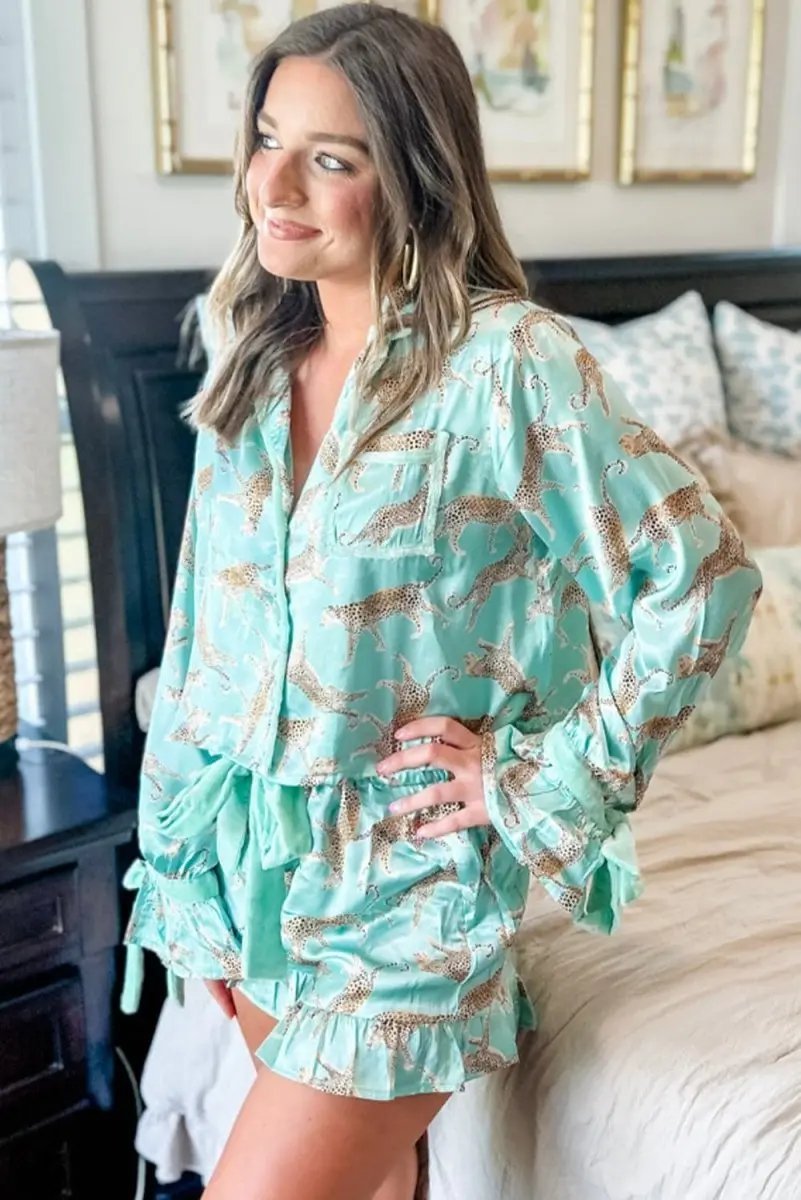 Pants Love Salve Green Leopard Satin Women's Pajama Set Loungewear: Ruffle Trim, Bow Detail