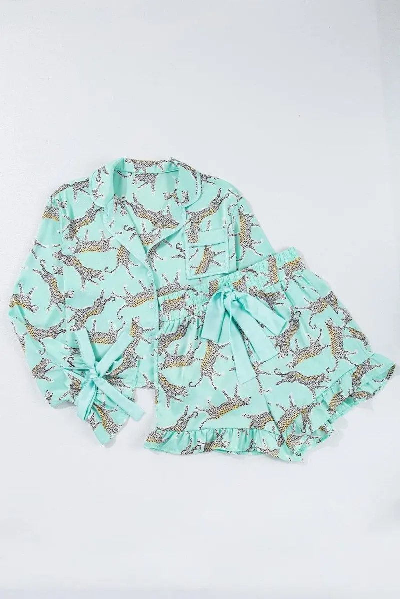 Pants Love Salve Green Leopard Satin Women's Pajama Set Loungewear: Ruffle Trim, Bow Detail