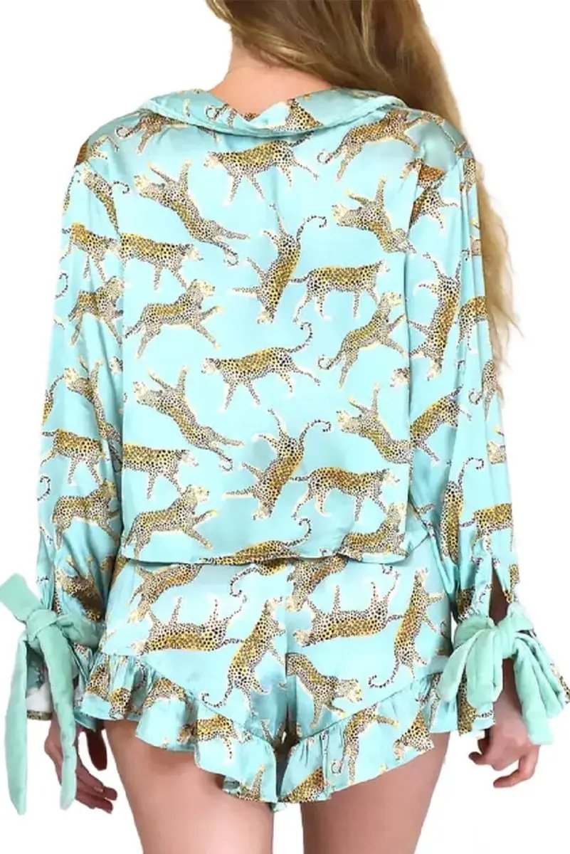 Pants Love Salve Green Leopard Satin Women's Pajama Set Loungewear: Ruffle Trim, Bow Detail