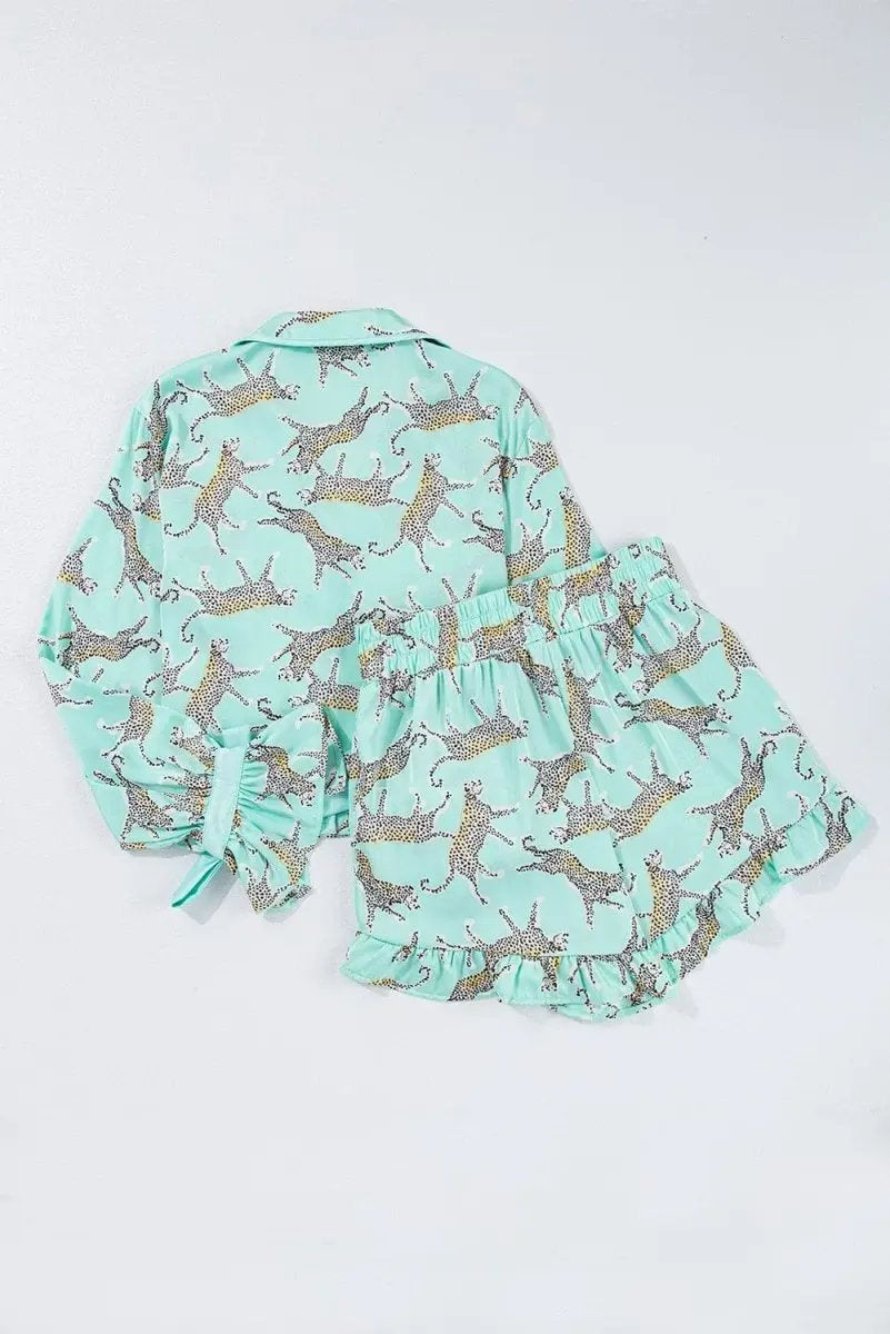 Pants Love Salve Green Leopard Satin Women's Pajama Set Loungewear: Ruffle Trim, Bow Detail