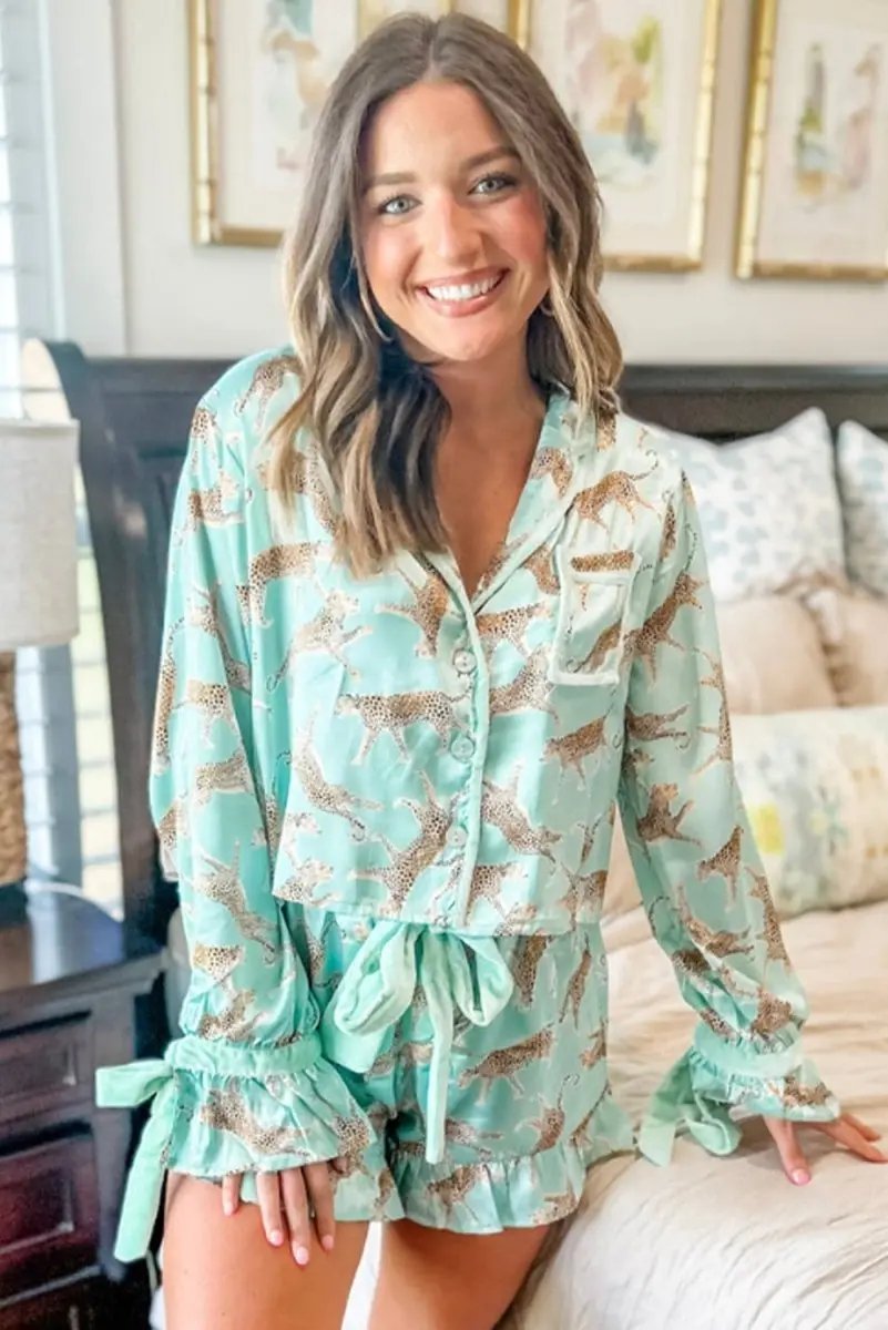 Pants Love Salve Green Leopard Satin Women's Pajama Set Loungewear: Ruffle Trim, Bow Detail