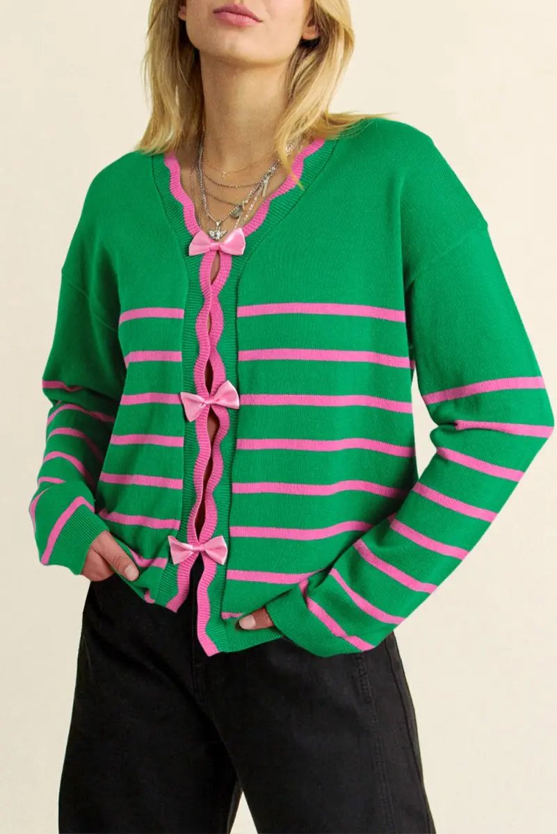 Sweaters Love Salve Green Stripe Bow Sweater Women's Fall Cardigan Knit Top: Cute & Cozy