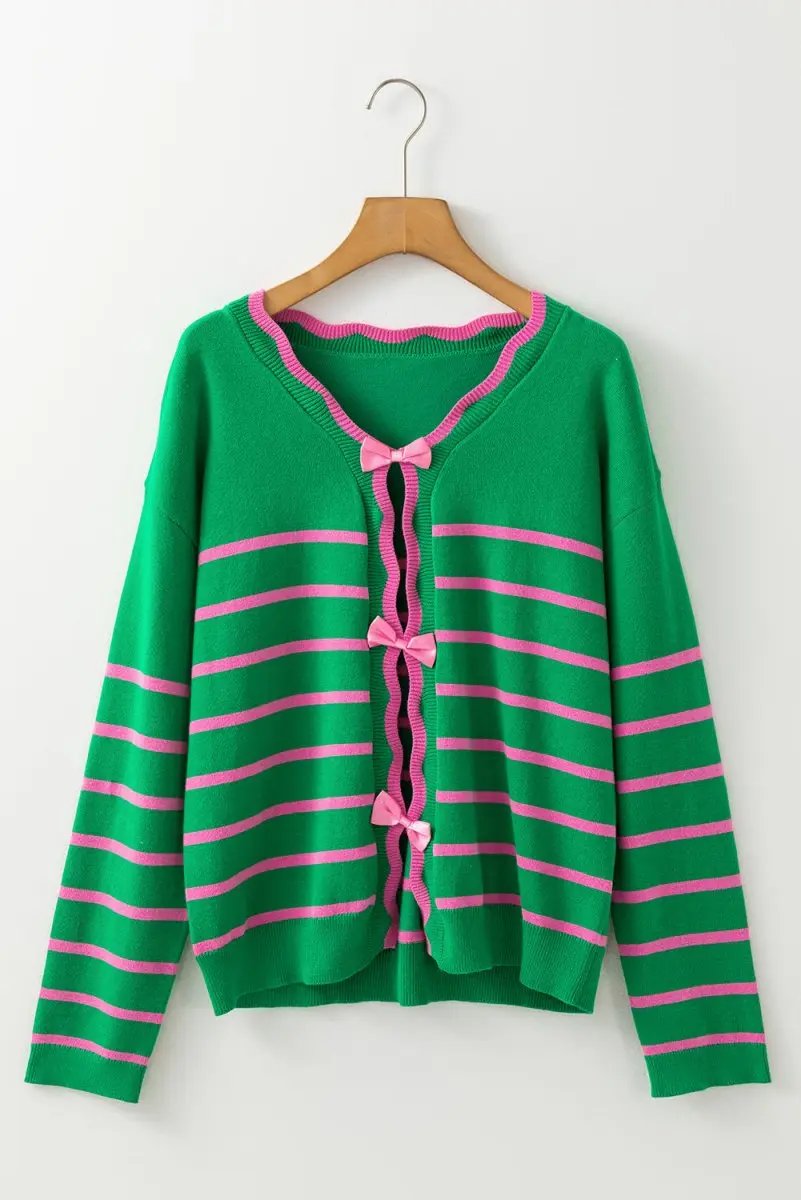 Sweaters Love Salve Green Stripe Bow Sweater Women's Fall Cardigan Knit Top: Cute & Cozy