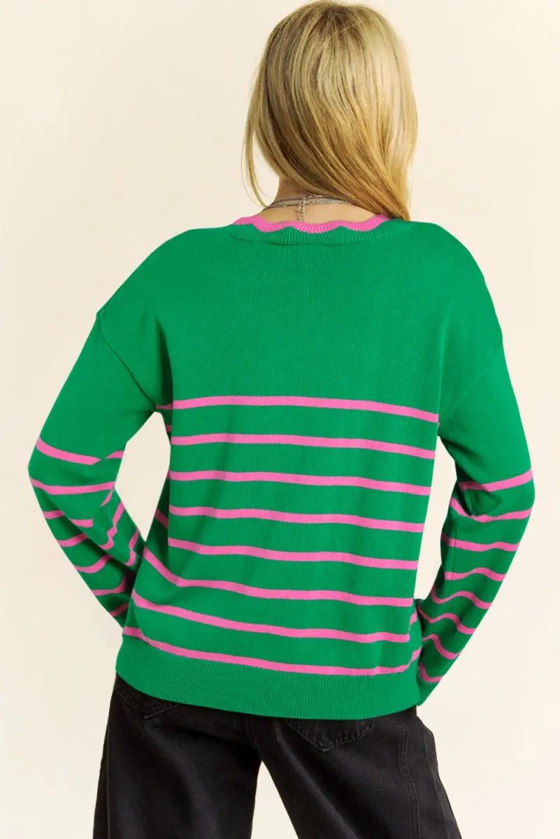 Sweaters Love Salve Green Stripe Bow Sweater Women's Fall Cardigan Knit Top: Cute & Cozy