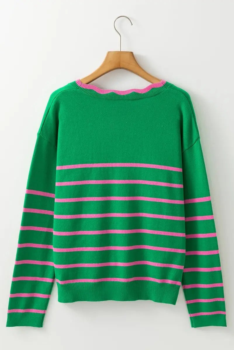 Sweaters Love Salve Green Stripe Bow Sweater Women's Fall Cardigan Knit Top: Cute & Cozy