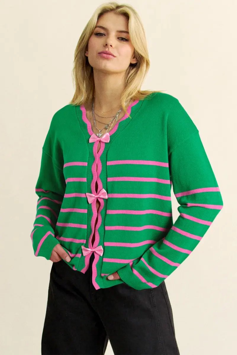 Sweaters Love Salve Green Stripe Bow Sweater Women's Fall Cardigan Knit Top: Cute & Cozy
