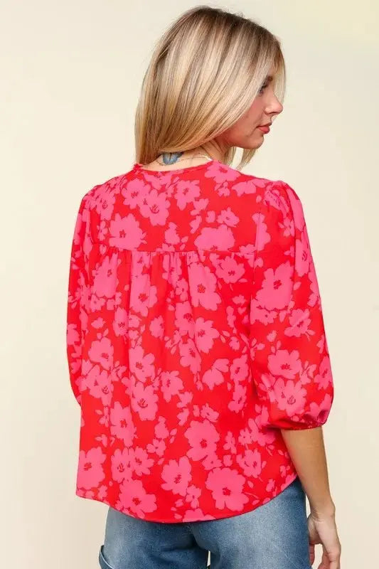 Trendsi Ribbon Bow Blouse Women's Floral Balloon Sleeve Top USA Shipped
