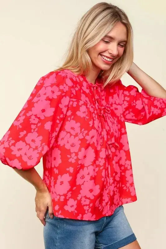 Trendsi Ribbon Bow Blouse Women's Floral Balloon Sleeve Top USA Shipped