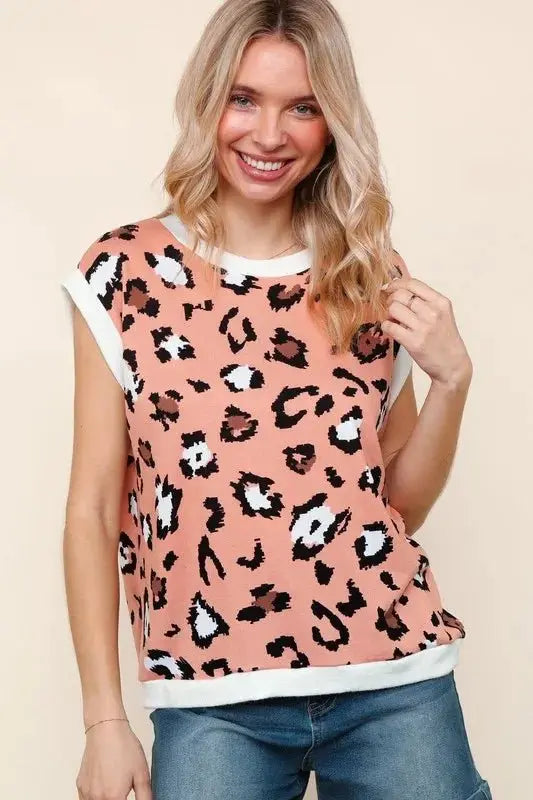 T-Shirts Trendsi Leopard Print Knit Top Women's Casual Dolman Sleeve T-Shirt USA Shipped