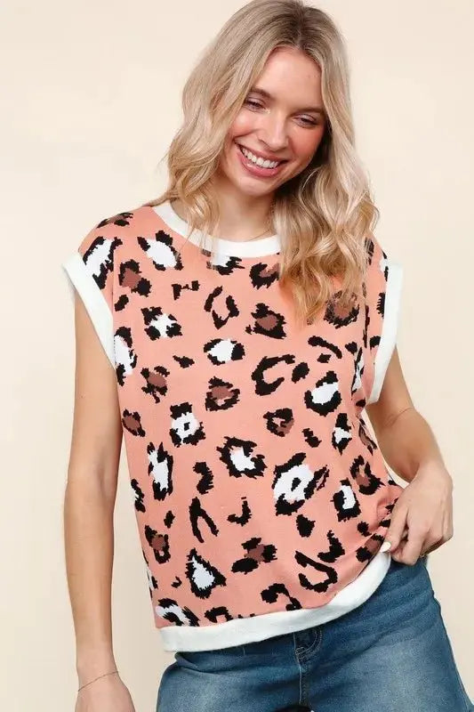 T-Shirts Trendsi Leopard Print Knit Top Women's Casual Dolman Sleeve T-Shirt USA Shipped