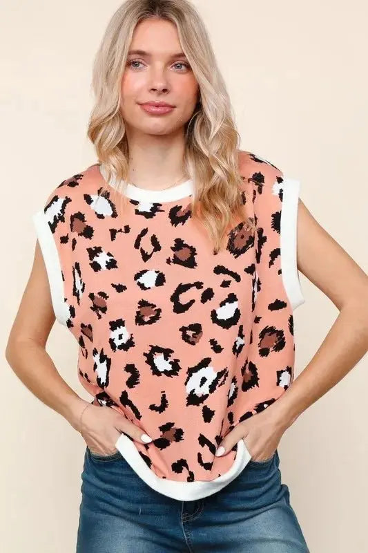 T-Shirts Trendsi Leopard Print Knit Top Women's Casual Dolman Sleeve T-Shirt USA Shipped