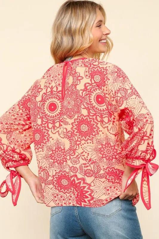 Accessories Trendsi Floral Blouse Women's Casual Top Round Neck Ribbon Bow Detail Chic Shirt