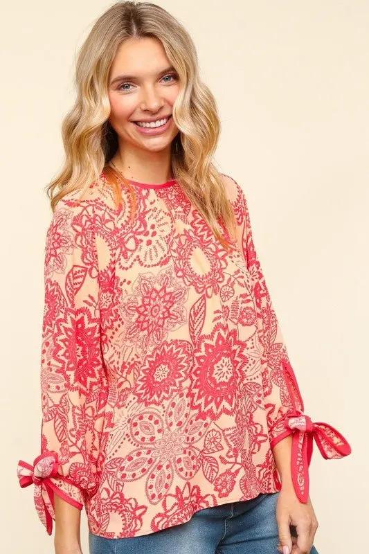 Accessories Trendsi Floral Blouse Women's Casual Top Round Neck Ribbon Bow Detail Chic Shirt