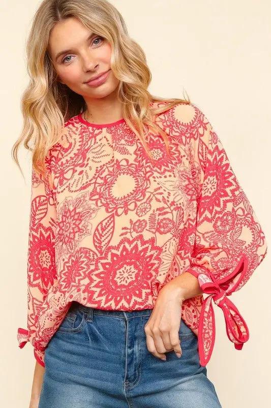 Accessories Trendsi Floral Blouse Women's Casual Top Round Neck Ribbon Bow Detail Chic Shirt