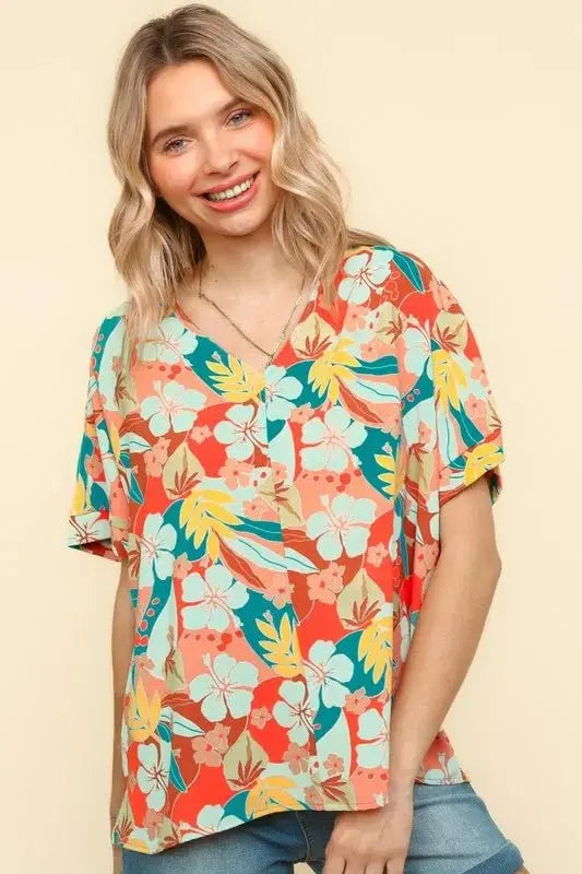 Shorts Trendsi Haptics V-Neck Top Women's Summer Hawaiian Shirt Lightweight Woven
