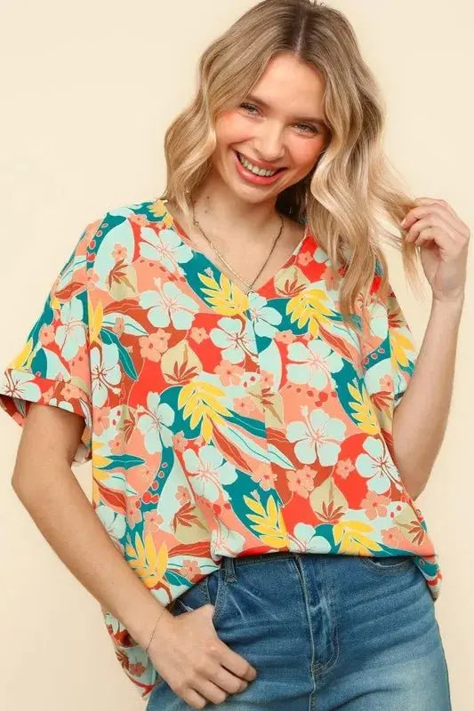 Shorts Trendsi Haptics V-Neck Top Women's Summer Hawaiian Shirt Lightweight Woven