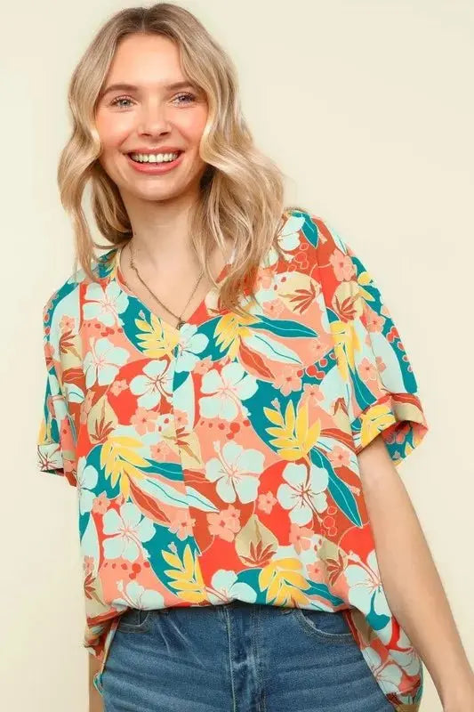 Shorts Trendsi Haptics V-Neck Top Women's Summer Hawaiian Shirt Lightweight Woven